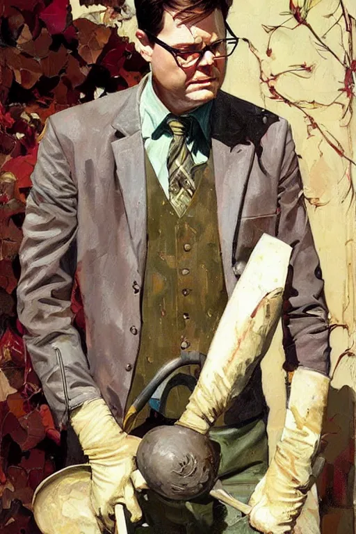 Prompt: dwight schrute gardening, beets!!!, painting by jc leyendecker!! phil hale!, angular, brush strokes, painterly, vintage, crisp