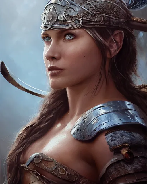 Image similar to A beautiful viking female warrior posing on a boat, bikini, perfect face, beautiful face, highly detailed face, close-up, fantasy woman, fantasy art, in the style of greg rutkowski, illustration, epic, fantasy, intricate, hyper detailed, artstation, concept art, smooth, sharp focus, ray tracing, profile shot