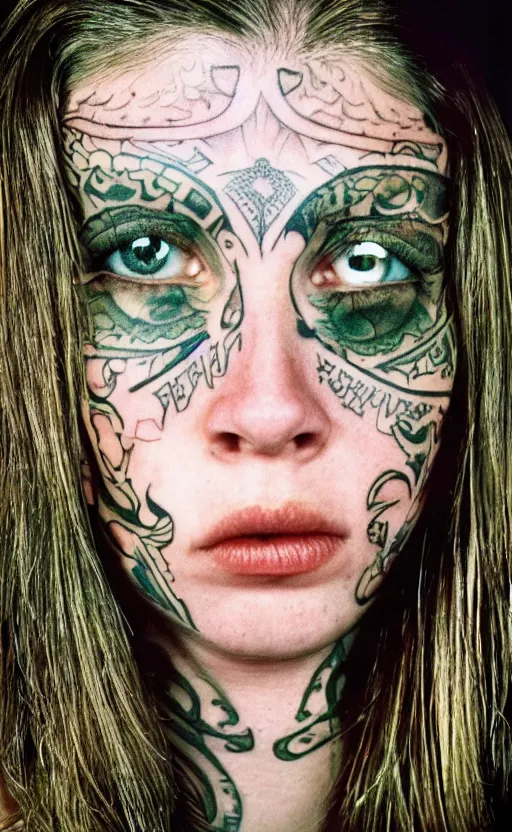 Prompt: a heavily tattooed white girl with brown hair and green eyes, dutch, wide set eyes, oval face, round cheeks, leica s, 5 0 mm lens, kodachrome, 1 9 6 9, shot by platon