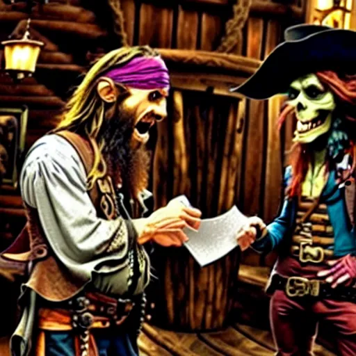 Image similar to a goblin with a large nose and a pirate with a bandana negotiating a contract with Jared Leto in a Western saloon.