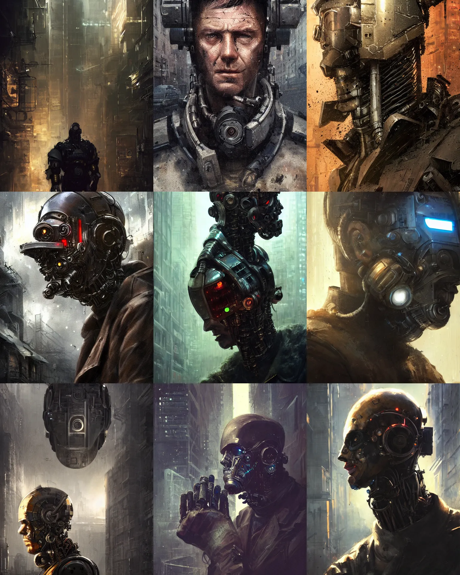 Image similar to a masked rugged engineer man with cybernetic enhancements lost in the city, scifi character portrait by greg rutkowski, esuthio, craig mullins, 1 / 4 headshot, cinematic lighting, dystopian scifi gear, gloomy, profile picture, mechanical, half robot, implants, dieselpunk