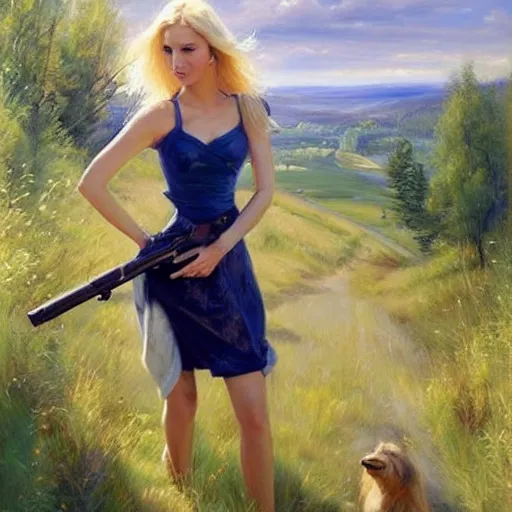 Image similar to mysterious blonde woman in hot dress in the swedish countryside, holding a shotgun!!!, freedom, scenic, beautiful, masterpiece, highly detailed, painting by vladimir volegov