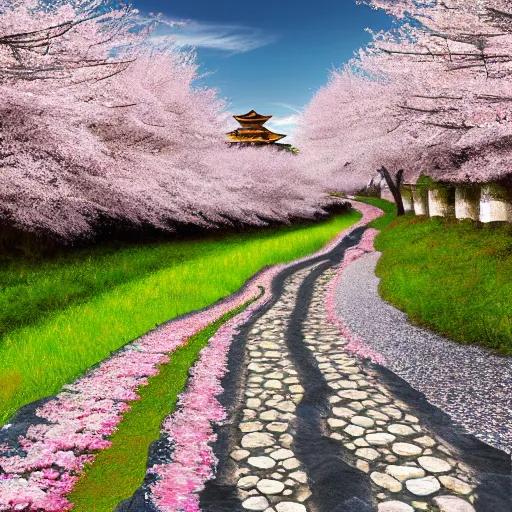 Image similar to stone path through a cherry blossom filled valley leading to a monastery, matte painting, adult swim