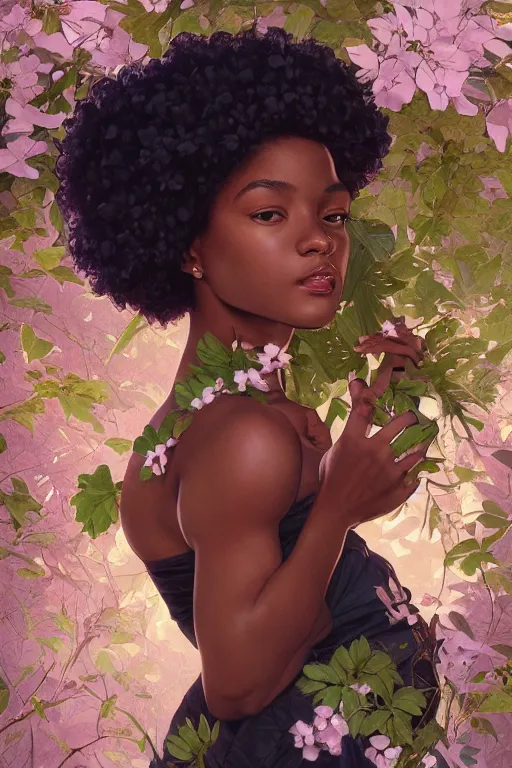Prompt: ultra realistic illustration, black american girl with flowers blossoming from her afro, body covered in leaves, beautiful, elegant, highly detailed, digital painting, concept art, smooth, sharp focus, illustration, art by artgerm and greg rutkowski and alphonse mucha