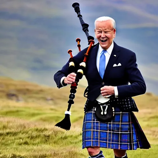 Image similar to joe biden wearing a kilt and playing a bagpipe in the scottish highlands, 8 k, very detailed,