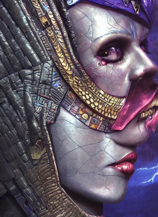 Image similar to dynamic! middle closeup chamber portrait of a biblical diabolical pirate female pharaoh, stylish leather armor, pirate ship! bright glowing eyes, in clouds, strong studio lights, thunder, storm, sunset, by gerald brom, by mikhail vrubel, by peter elson, muted colors, extreme detail, mirrors, trending on artstation, 8 k