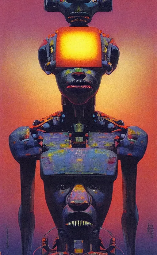 Image similar to portrait of mecha african tribal chief, symmetrical, dramatic lighting, colourful, art by zdzislaw beksinski,