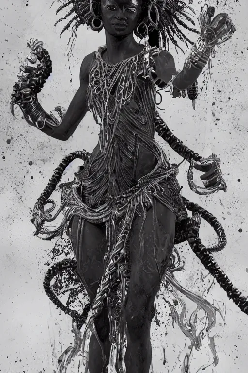 Prompt: epic 3 d oxaguian, african deity, liquid hands and feet spinning, 2 0 mm, with white and silver swords melting smoothly into asymmetrical cables and technology, liquid, delicate, intricate, houdini sidefx, trending on artstation, by jeremy mann and ilya kuvshinov, jamie hewlett and ayami kojima