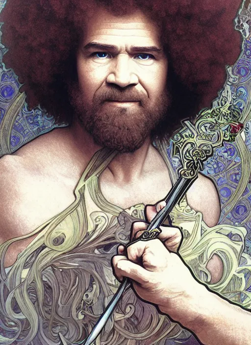 Image similar to Bob Ross as God of Beauty, brutal, fantasy, intricate, elegant, highly detailed, digital painting, 4k, HDR, concept art, smooth, sharp focus, illustration, art by alphonse mucha,artgerm, H R Giger