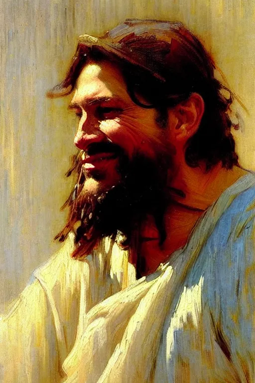 Image similar to impressionist brushstrokes!!!!!!!!! solomon joseph solomon and richard schmid and jeremy lipking victorian loose genre loose painting full length portrait painting of jesus with a slight smile happy inviting