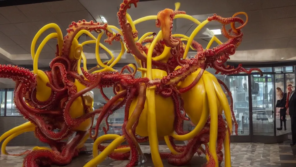 Prompt: ronald mcdonald, mixed with an eldritch horror monster, with mechanical tentacles, in a mcdonalds lobby, film still from the movie directed by denis villeneuve with art direction by salvador dali