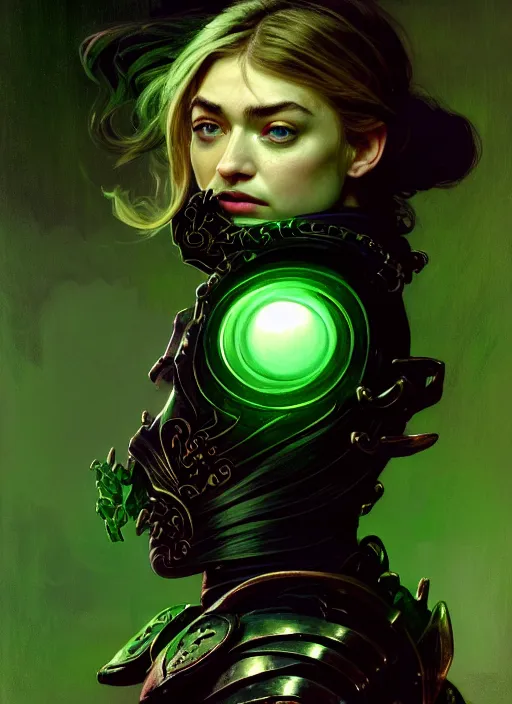 Prompt: side portrait, imogen poots, deathknight, black armor, gloomhaven, soft, smooth, luminescent, haunting, pale green backlit glow, evil inky swirly ripples, sickly colors, 8 k, by mucha, greg rutkowski, jesper ejsing, rhads, ilya kuvshinov, cushart krenz