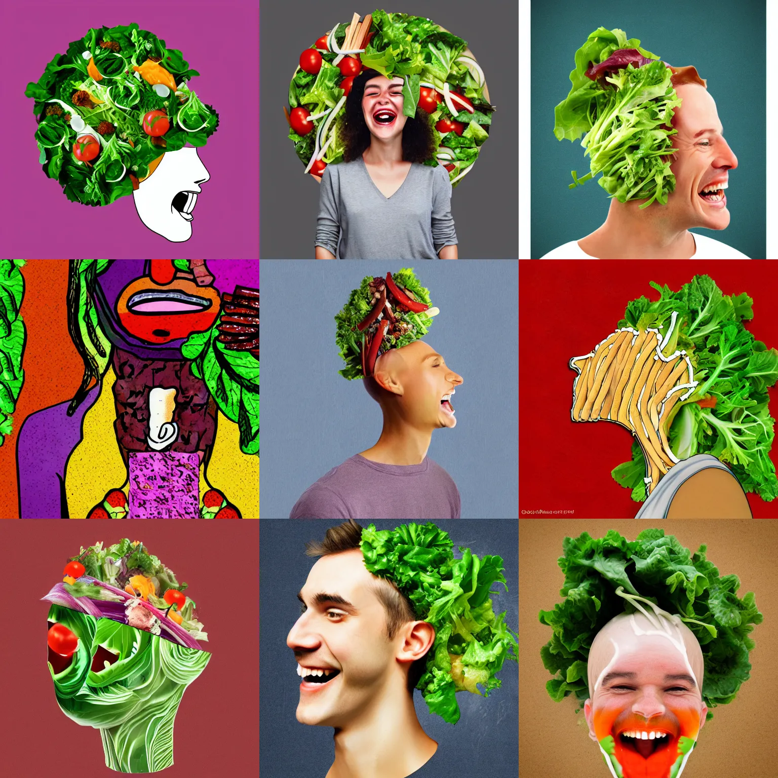 Image similar to a human with salad as their head, laughing, digital art