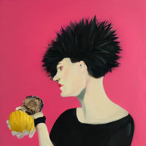 Image similar to hedgehog lady in the style of michael carson