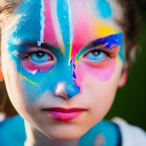 Image similar to a portrait of a abstract girl who has face - painting like abstract object. depth of field. lens flare