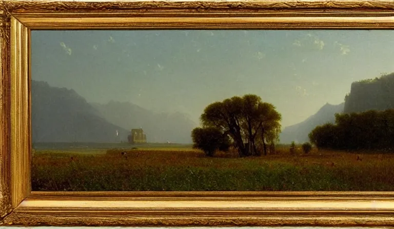 Prompt: A serene landscape with a singular building in the style ofAlbert Bierstadt.