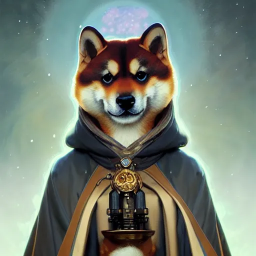 Image similar to portrait painting of a cute shiba inu bard with cape, ultra realistic, concept art, intricate details, eerie, highly detailed, photorealistic, octane render, 8 k, unreal engine. art by artgerm and greg rutkowski and charlie bowater and magali villeneuve and alphonse mucha