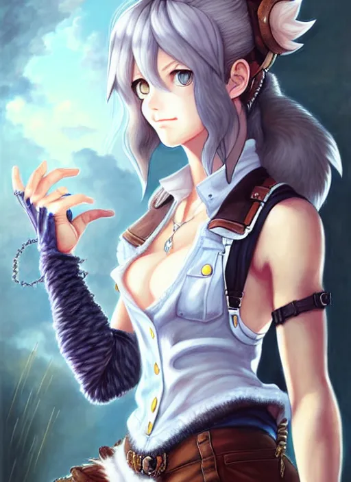 Prompt: a portrait of catgirl wearing white vest, and denim shorts an ultrafine detailed painting, detailed painting, beatyfull eyes, boris valejo. octopath traveler