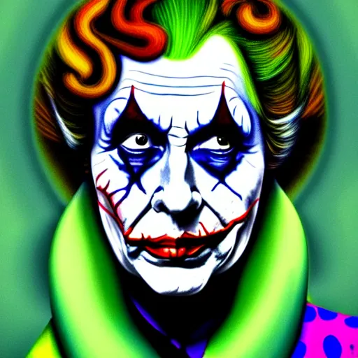 Image similar to An extremely psychedelic portrait of Queen Elizabeth as the Joker, surreal, LSD, face, detailed, intricate, elegant, lithe, highly detailed, digital painting, artstation, concept art, smooth, sharp focus, illustration