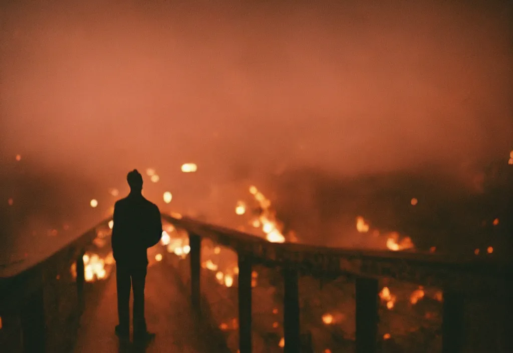 Prompt: lomo photo of a man standing on top of a burning bridge, cinestill, bokeh, out of focus, night, dramatic lighting