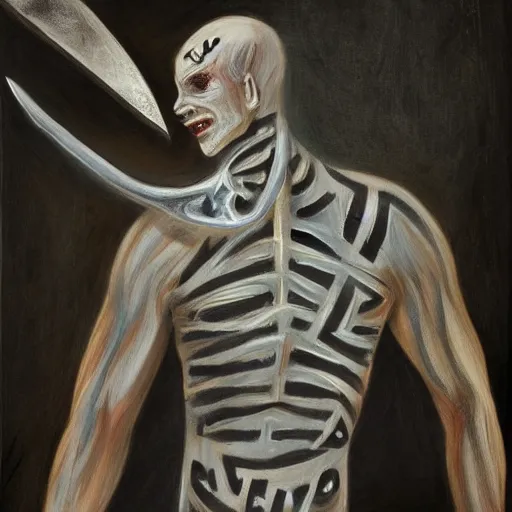 Image similar to fantasy painting of a pale man with a black blade covered in runes, painted by Robert Gould, ultra detailed, 8k