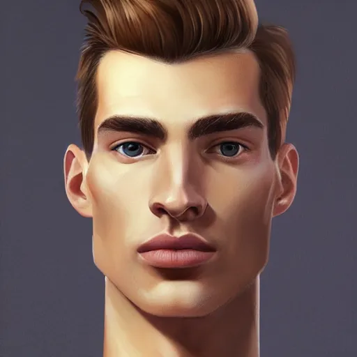 Image similar to tall man in his twenties with brown blond short quiff hair and thin slightly round facial structure with cleft chin, straight eyebrows and prominent nose, good definition of cheekbones, big hazel nut brown eyes, narrow face, slim body, atmospheric lighting, painted, intricate, 4 k, highly detailed by charlie bowater