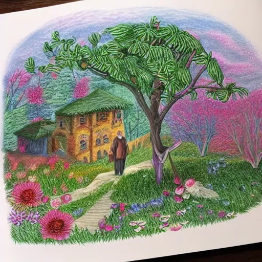 Prompt: Colored pencil art on paper, highly detailed, artstation, People, Plants and Trees, Animals, Magical Creatures, buildings, scenery, enchanted landscapes, PrismaColor