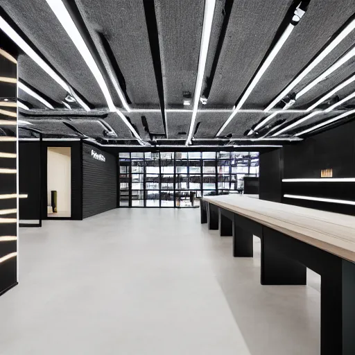 Image similar to interior photography of a Microsoft Samsung flagship store, black walls, wood, polished concrete, spotlights, verdant plant wall, white neon wash, award winning interior design, patterns and textures, retaildesignblog, dezeen, 14mm, 8k, cinestill, pentax, film