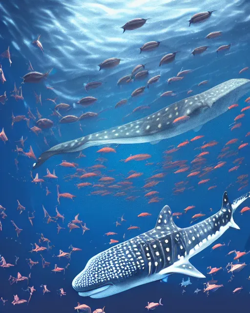 Image similar to a lot of whale sharks swimming with redhead girl, radiant lighting, cinematic, artstation