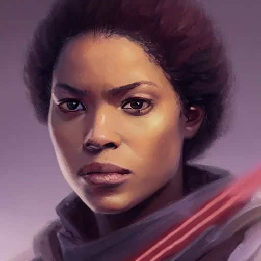 Image similar to portrait of a woman by greg rutkowski, youn jedi knight, black, afro hair, prettt, star wars expanded universe, she is about 2 0 years old, wearing jedi robes, highly detailed portrait, digital painting, artstation, concept art, smooth, sharp foccus ilustration, artstation hq