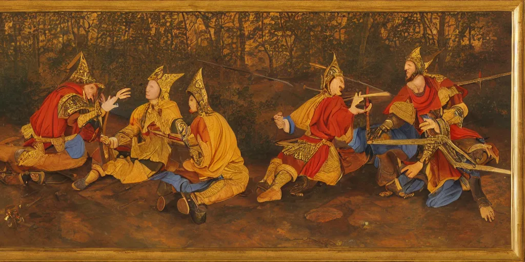 Image similar to Detailed painting of three warriors gathered around a large wooden table. They wear golden cloaks;