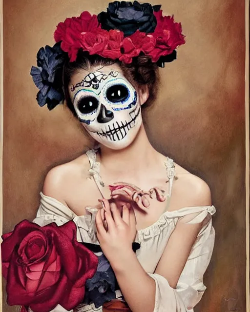 Image similar to a cute Día de los Muertos girl posing by Annie Leibovitz, Poster art by J. C. Leyendecker