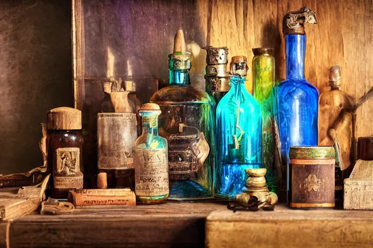 Image similar to five separate glowing potions on a wooden shelf, magical potions, fantasy history, 1 2 century photograph captured in an office