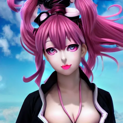 Image similar to totally overpowered and trapped beneath inescapable and stunningly absurdly beautiful omnipotent asi goddess junko enoshima with an over the top megalomaniacal personality, symmetrical perfect face, porcelain skin, pink twintail hair and cyan eyes, ultra detailed, digital art, unreal engine 5, octane render, 2 d anime, 8 k