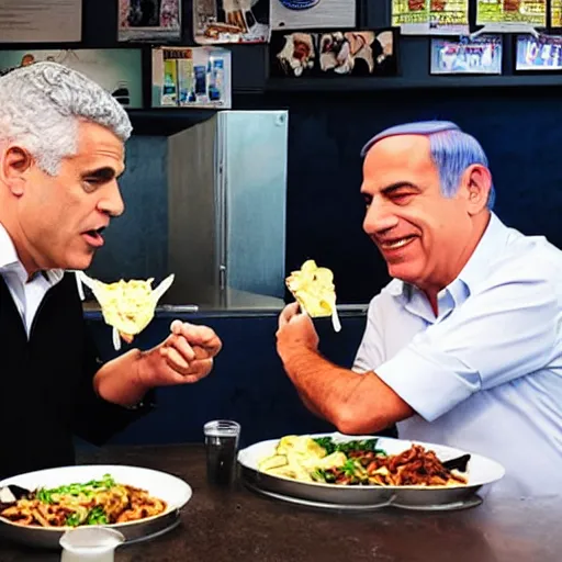 Prompt: Yair Lapid and Bibi Netanyahu eating at Bob's Burgers