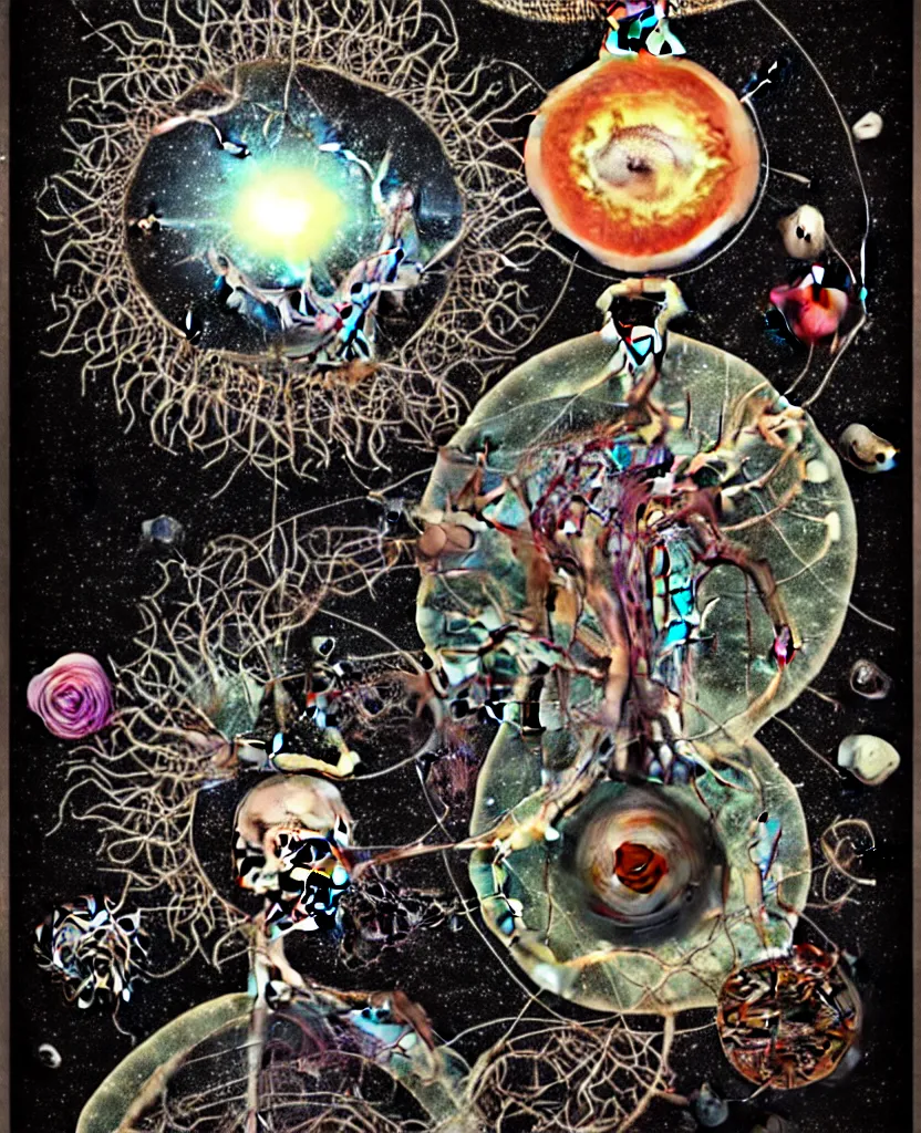 Image similar to inside the universe of a human body soul, whimsical uncanny creature alchemizes unique canto about'as above so below'being ignited by the spirit of haeckel and robert fludd, breakthrough is iminent, glory be to the magic within, to honor jupiter, surreal collage by ronny khalil