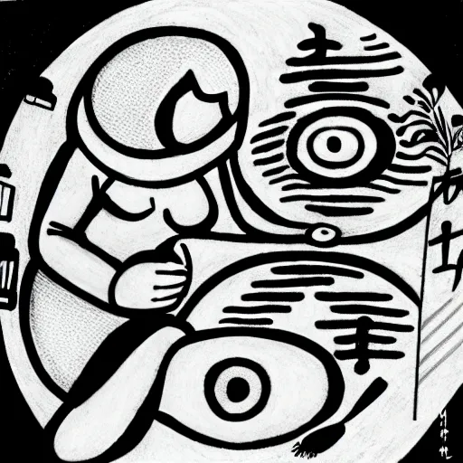 Image similar to a pregnant robot woman giving birth to a yin - yang daoist symbol emerging out of womb, full body black and white drawing