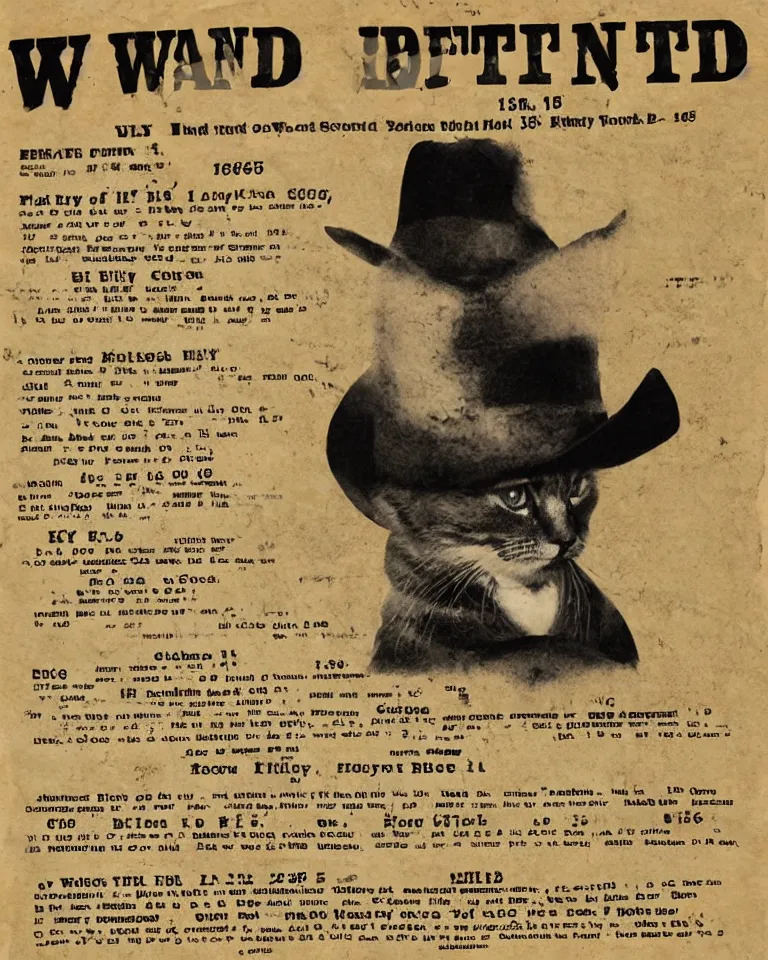 Image similar to 1865 wanted poster Wanted $1000 Reward kitten in cowboy hat Billy the Kit