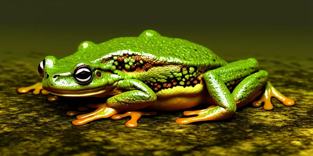 Image similar to A frog infected with fungus, foggy woodland swamp, golden hour, photorealistic 3D artwork