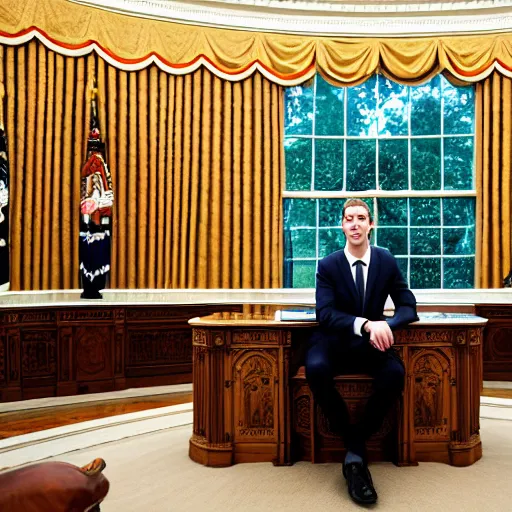 Image similar to Mark Zuckerberg the president of the united states sitting in the oval office, EOS-1D, f/1.4, ISO 200, 1/160s, 8K, RAW, unedited, symmetrical balance, in-frame, Photoshop, Nvidia, Topaz AI