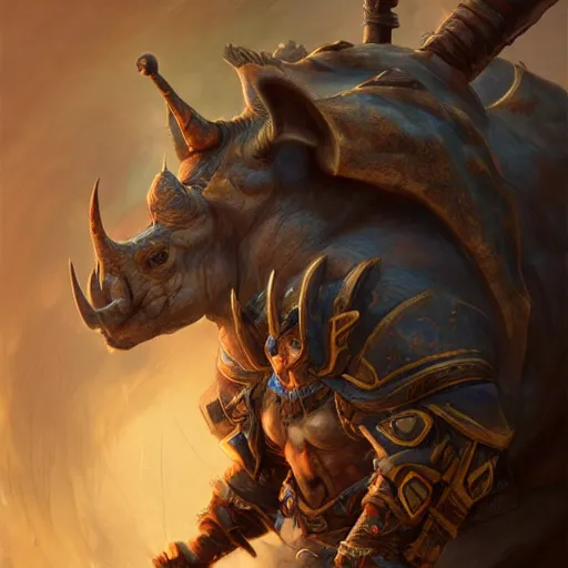 Image similar to an aetherpunk magical rhinoceros warrior wielding a wizard staff, forward facing angle, character design, art by Tooth Wu and justin gerard and Blizzard studios, post-processing, extremely hyperdetailed, intricate complexity, epic composition, masterpiece, trending on artstation