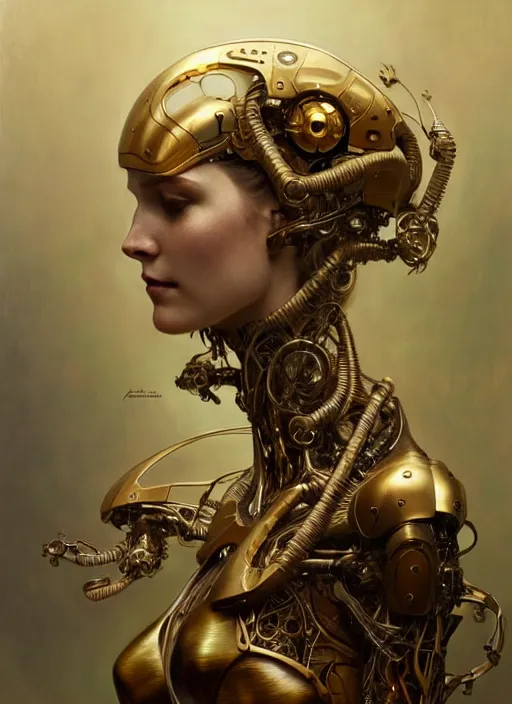 Prompt: organic cyborg, caved wood and brass, diffuse lighting, fantasy, intricate, elegant, highly detailed, lifelike, photorealistic, digital painting, artstation, illustration, concept art, smooth, sharp focus, art by John Collier and Albert Aublet and Krenz Cushart and Artem Demura and Alphonse Mucha