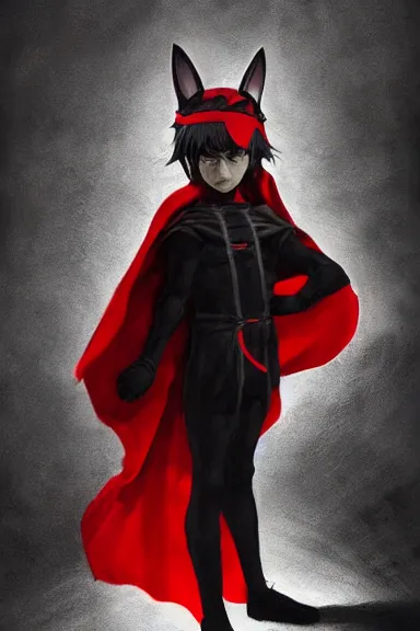 Image similar to little boy with cat ears in an black outfit with red cape. digital artwork made by lois van baarle and kentaro miura and marc simonetti, sharpness focus, inspired by hirohiko araki, anatomically correct, heroic composition, hero pose, smooth, concept art