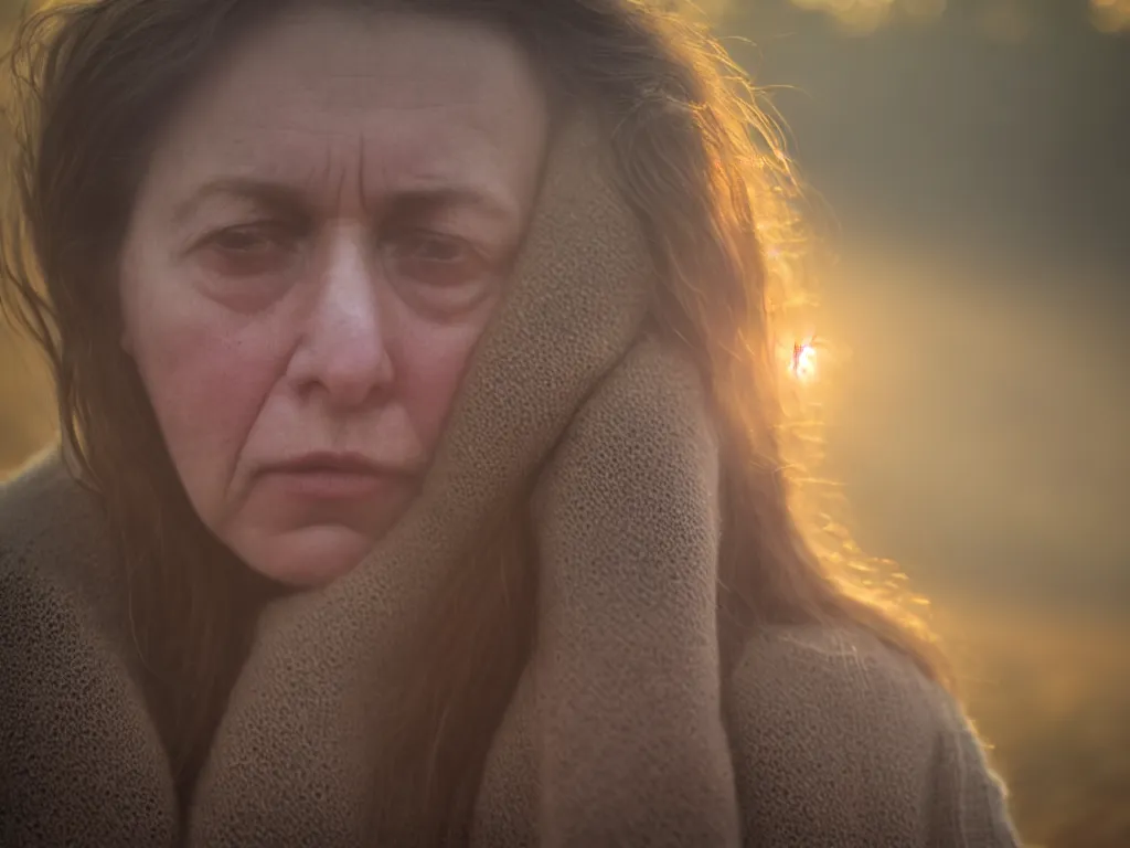 Prompt: close up portrait bust of woman sitting on fence, tired expression, faded color film, russian cinema, tarkovsky, technicolor, heavy forest, wood cabin in distance, shallow depth of field, long brown hair, old clothing, heavy fog, atmospheric haze, brown color palette, sunset, low light, hudson river school, 4 k, dramatic lighting