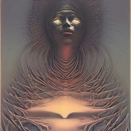 Image similar to The queen of the sun by Zdzislaw Beksinski and H.R. Giger, oil on canvas