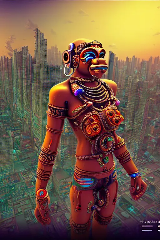 Image similar to high quality 3 d render very cute cyborg!! hanuman! madhubani, highly detailed, cyberpunk mumbai in the background, unreal engine cinematic smooth, in the style of solaris, hannah yata charlie immer, moody light, low angle, uhd 8 k, sharp focus