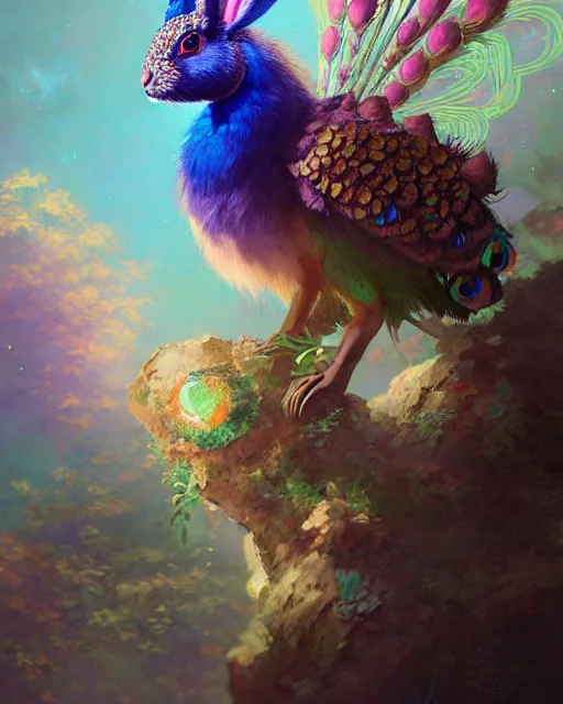 Prompt: a fantasy cute rabbit hybrid with peacock and colors. complex 3 d render highly detailed, intricate background, by krenz cushart, ilya kuvshinov, greg rutkowski, peter mohrbacher, thomas kinkade, victo ngai. unreal engine, blender, octane, ray tracing. global illumination, sharp focus, masterpiece, post processing, deviantart