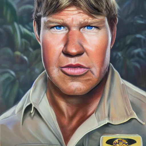 Image similar to a symmetrical portrait of a steve irwin, oil painting, pale colors, high detail, 8 k, wide angle, trending on artstation,