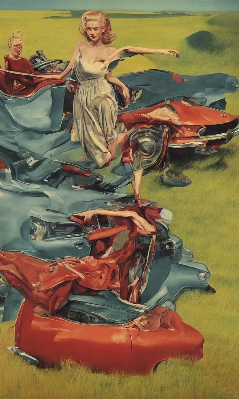 Image similar to 1950s blonde driving Ford mustang on the Swedish countryside. oil on canvas. in the style of Francis Bacon and Zdzislaw Beksinski, Edward Hopper and Norman Rockwell, highly detailed, very coherent, triadic color scheme, airbrush, very coherent, triadic color scheme, art by Takato Yamamoto and James Jean