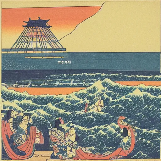 Image similar to “ west pier in brighton in the style of a woodblock print by the japanese ukiyo - e artist hokusai ”